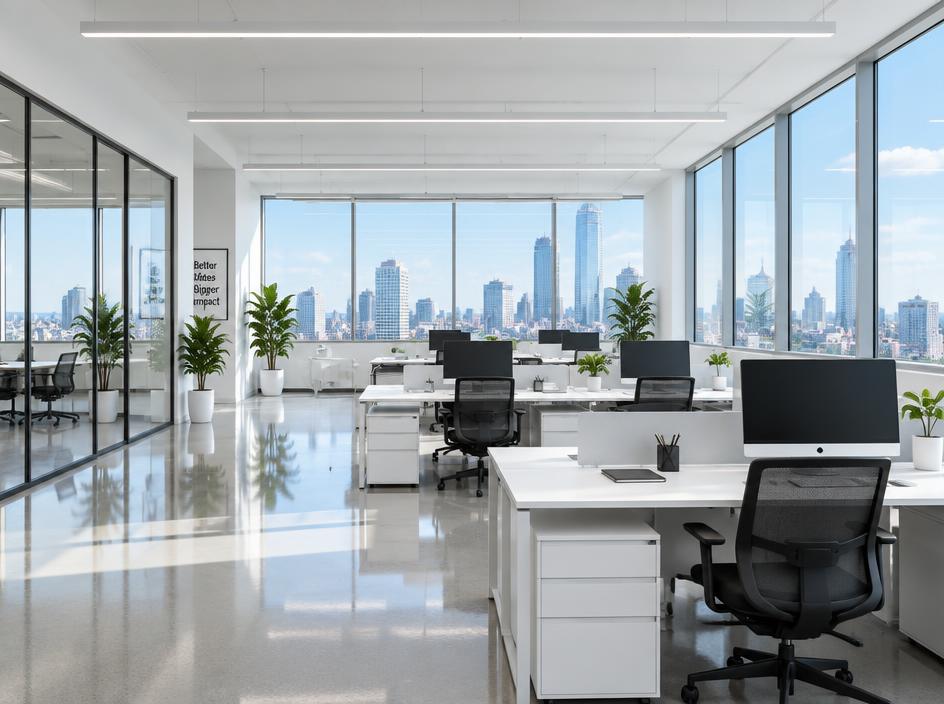 Clean open-plan office with desks and large windows