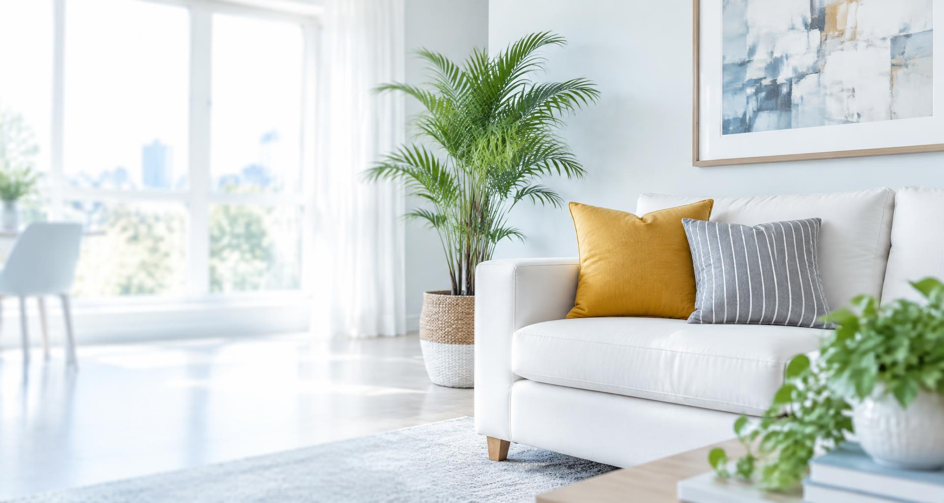 Bright living room with a white sofa and a yellow cushion