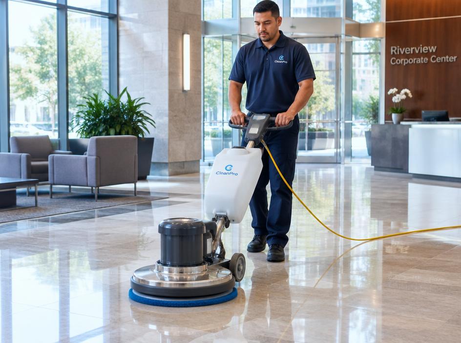 Floor machine polishing a shiny lobby floor