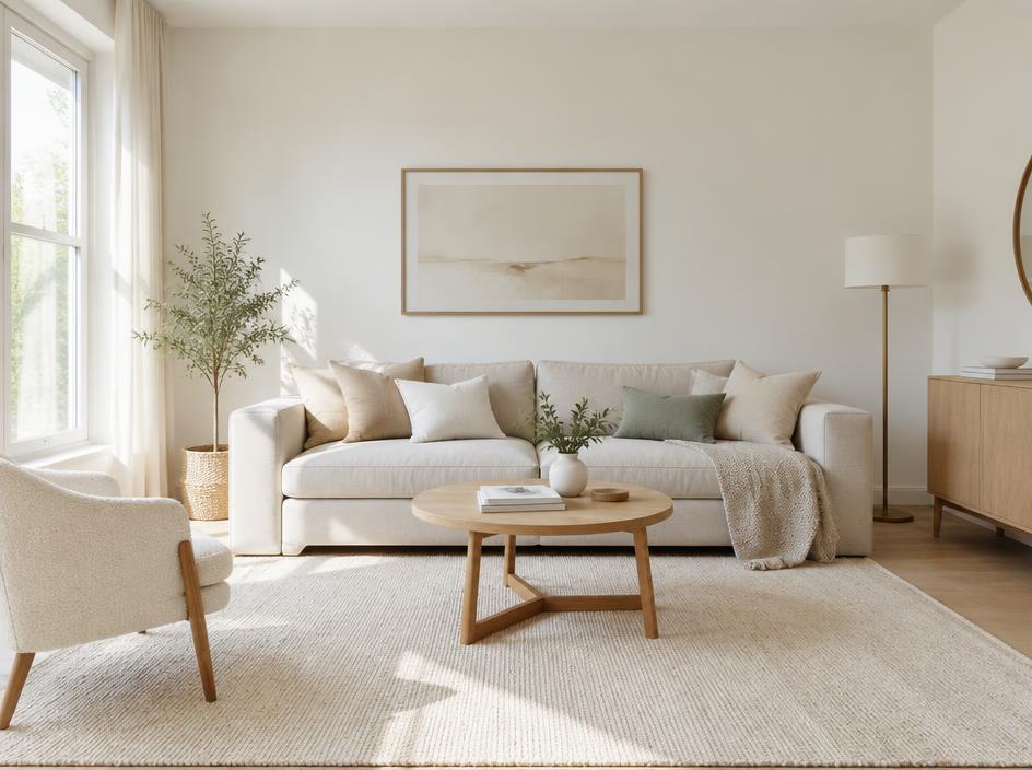 Tidy living room with a sofa, cushions and a coffee table